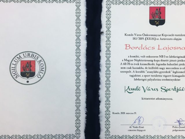 BORDÁCS LAJOS VEHETTE ÁT A „KOMLÓ VÁROS SPORTJÁÉRT” ELISMERÉST BORDÁCS LAJOS VEHETTE ÁT A „KOMLÓ VÁROS SPORTJÁÉRT” ELISMERÉST